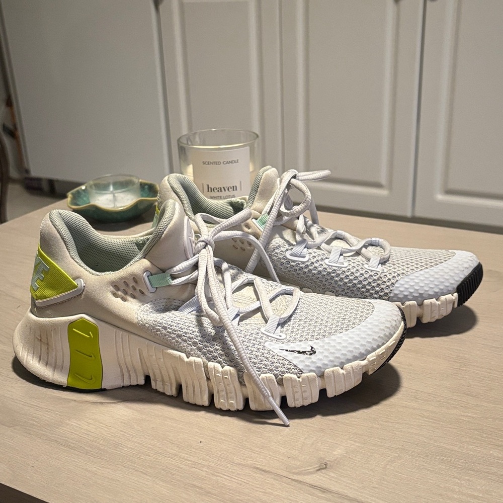 Nike White Athletic Shoes with Lime Accent